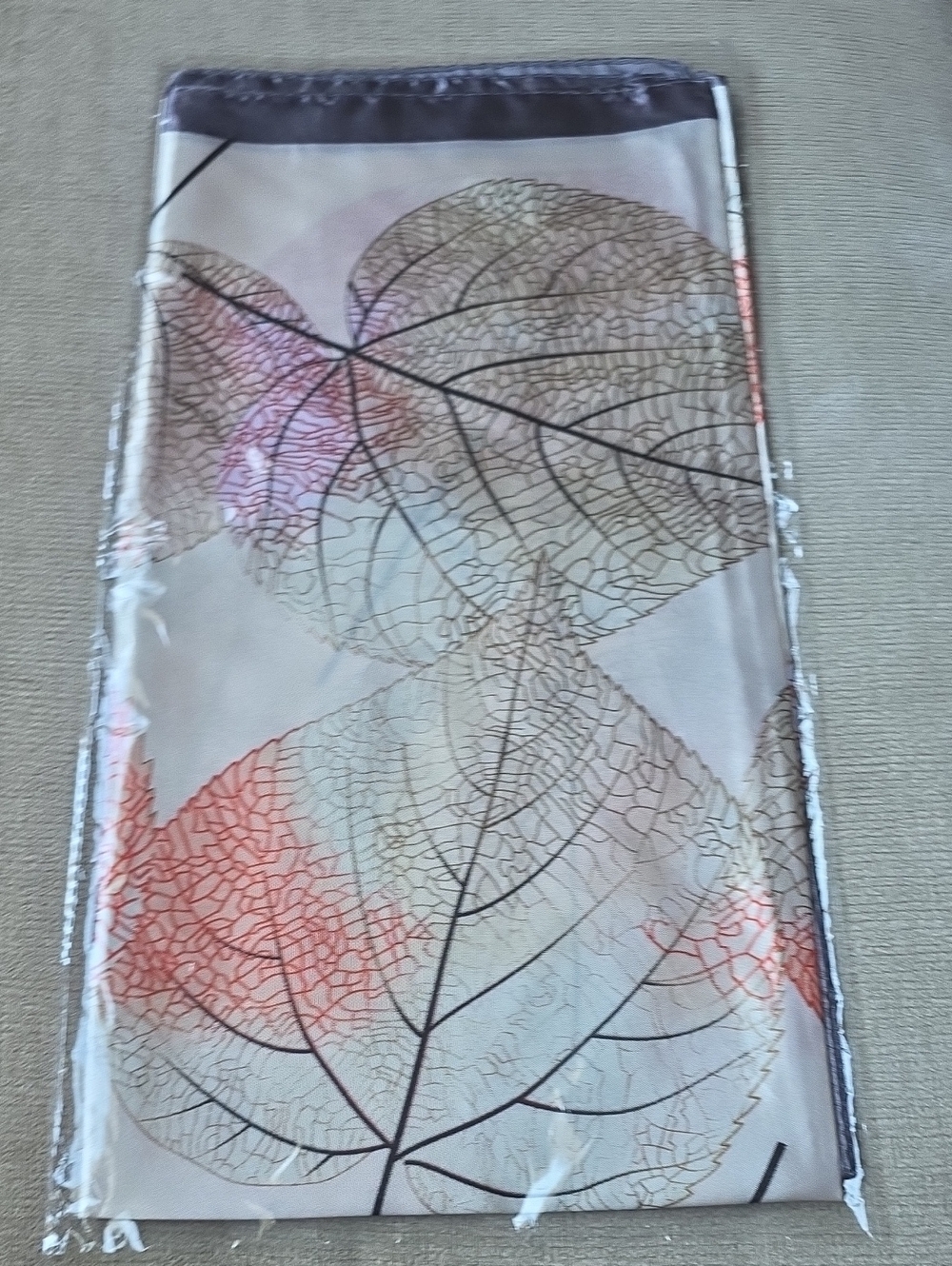 Leaf-Print Satin Scarf in Cream with Coral and Soft Blue-Pink